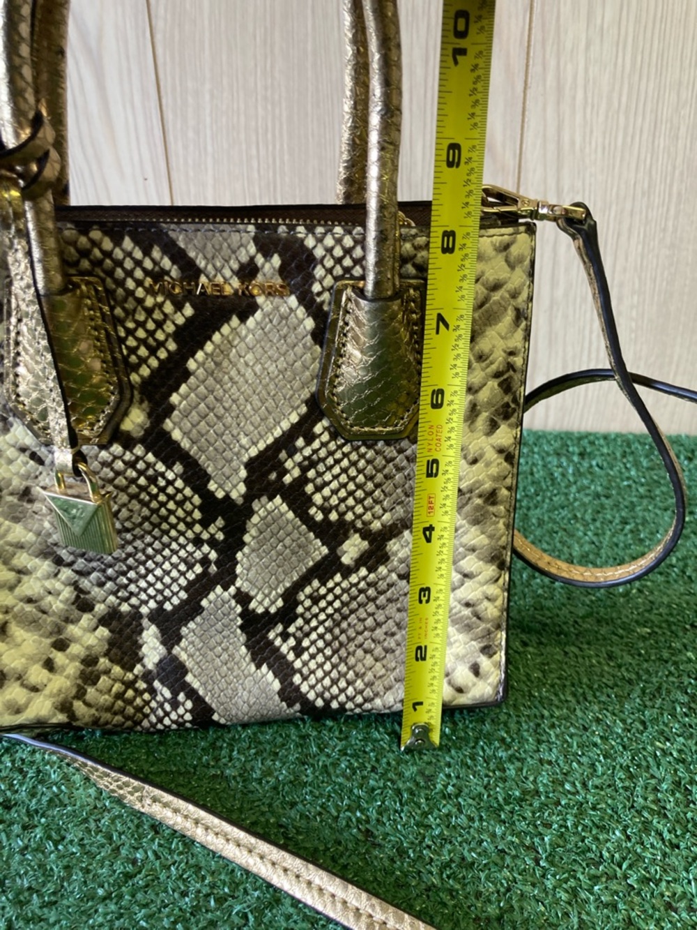 Michael Kors Gold and Brown Snakeskin-Print Satchel (OKPM-04-058) - Picture 4 of 11